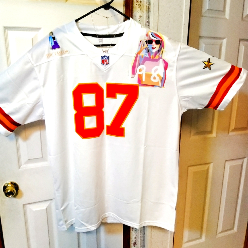 T Swiftie KC 87  Football Jersey With Theme (1989) Necklace White/ Red …